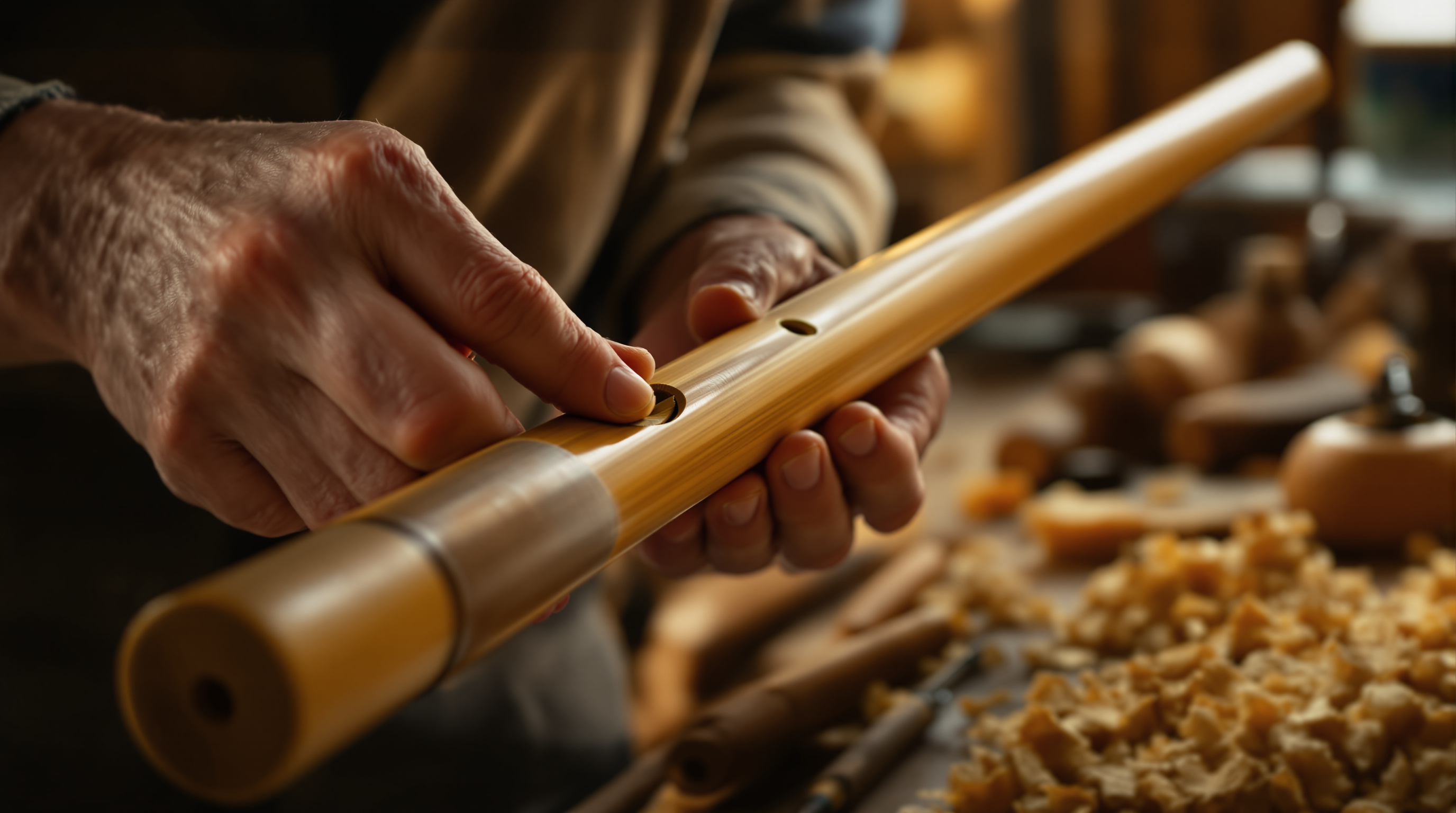A maker's hands inspecting a bamboo shakuhachi in a workshop