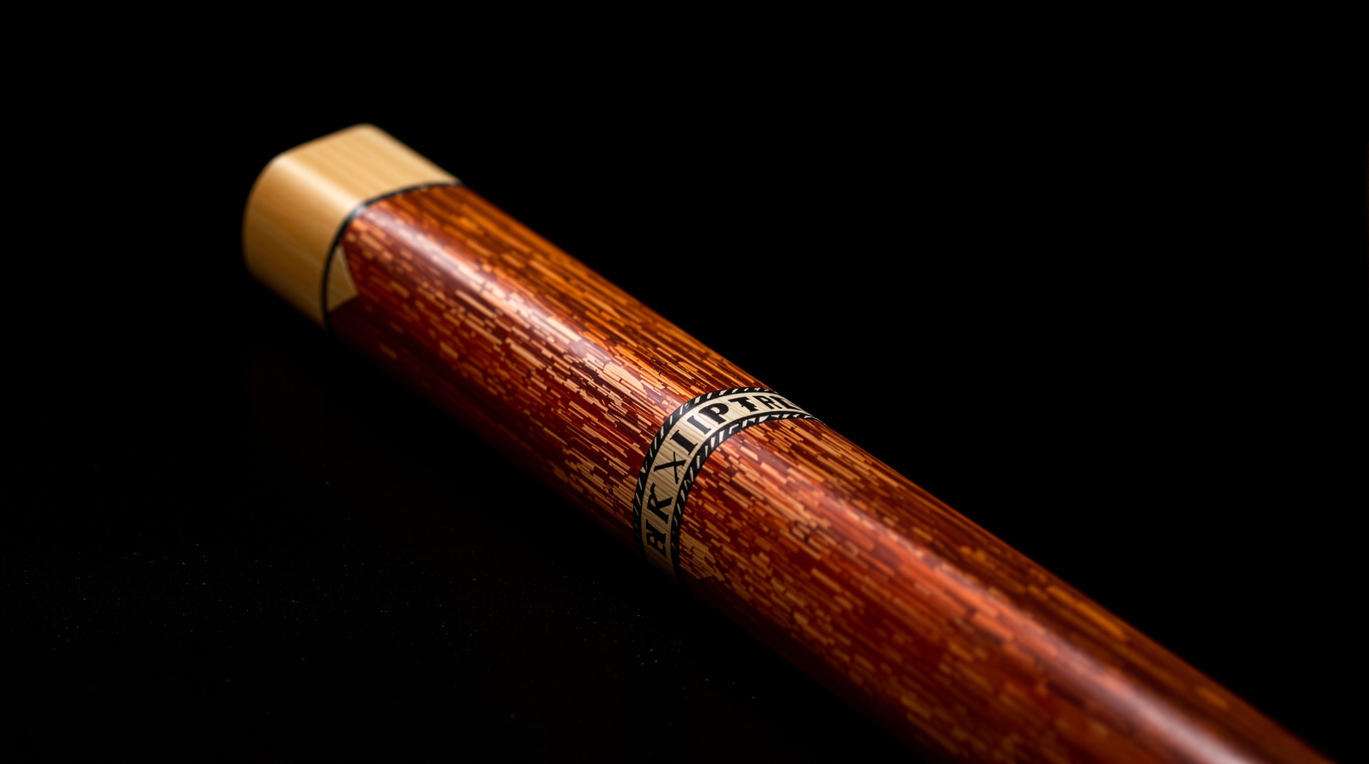 Macro view of the angled blowing edge of a shakuhachi