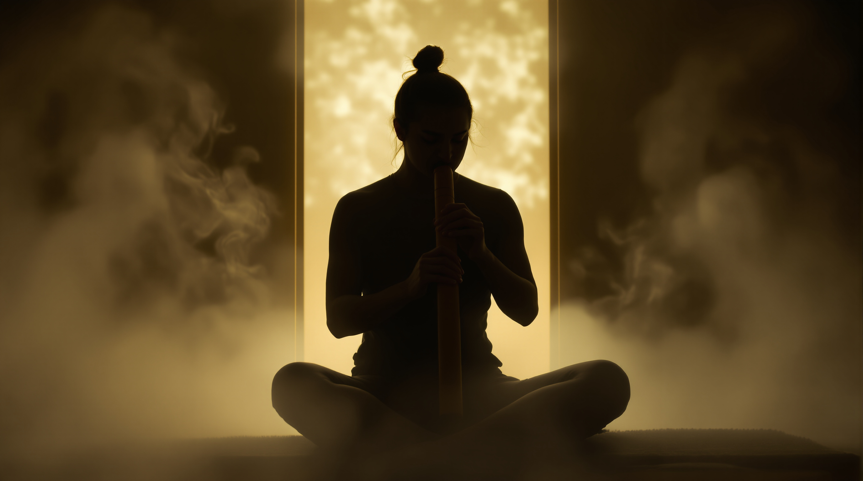 Silhouette of a seated player blowing a shakuhachi at dawn