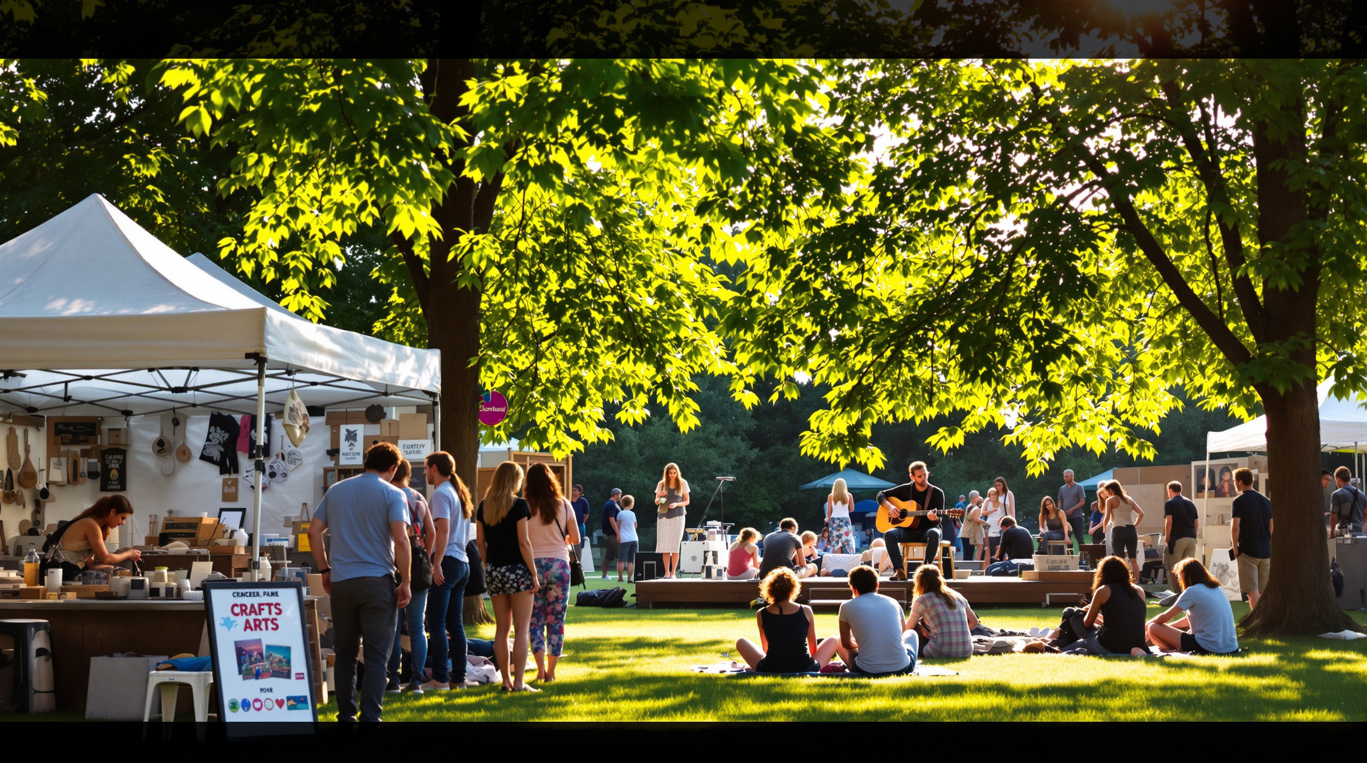 An outdoor summer arts festival with a craft tent and listeners