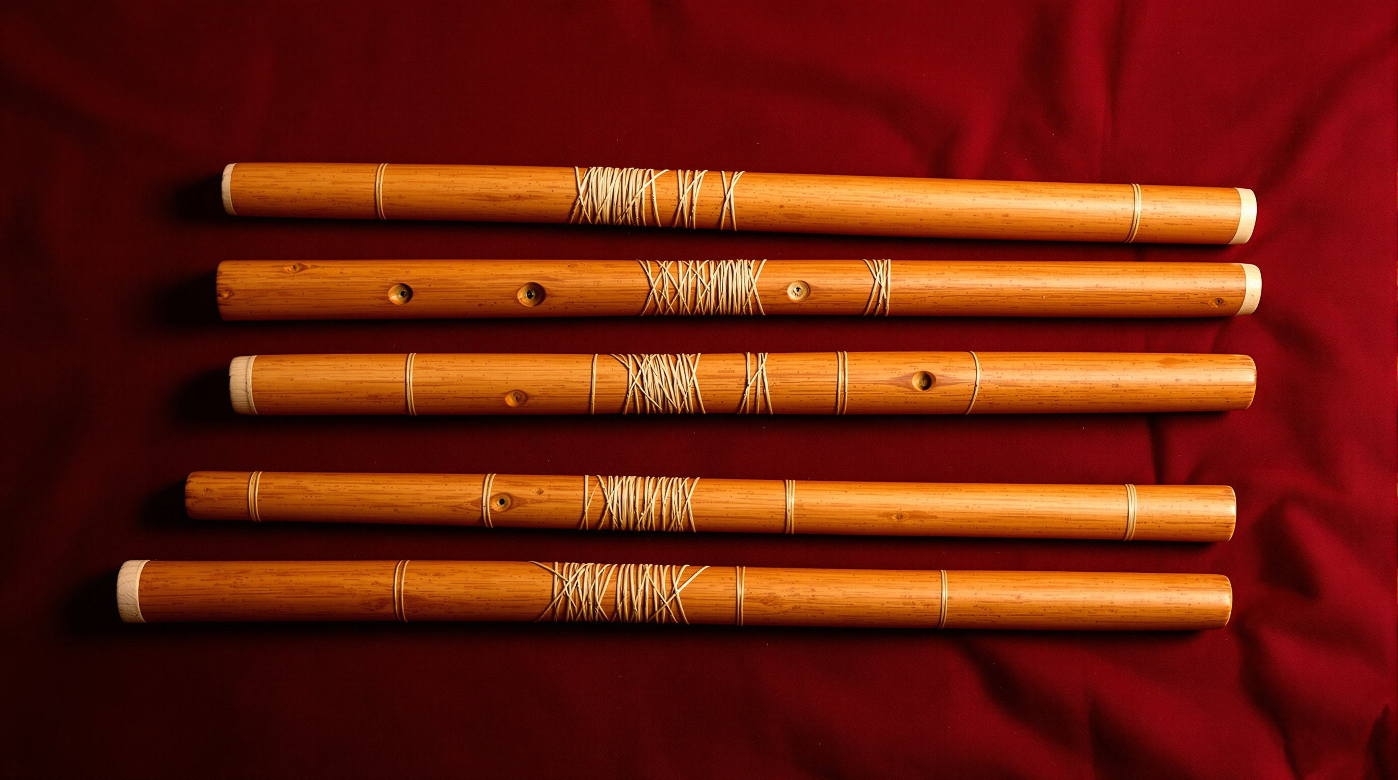 A row of bamboo shakuhachi flutes of varying lengths on dark cloth