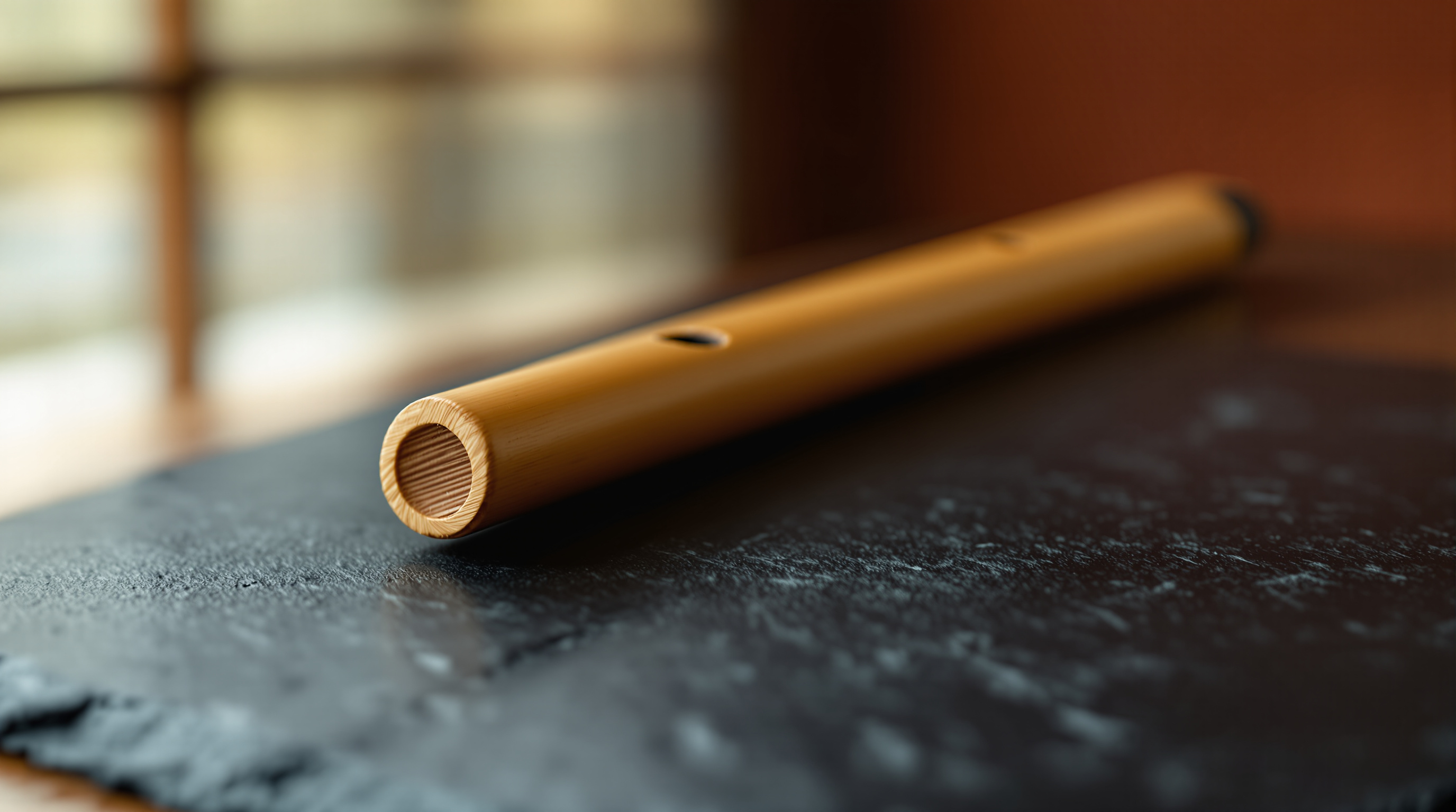 A hand-crafted shakuhachi bamboo flute resting on dark slate in warm light