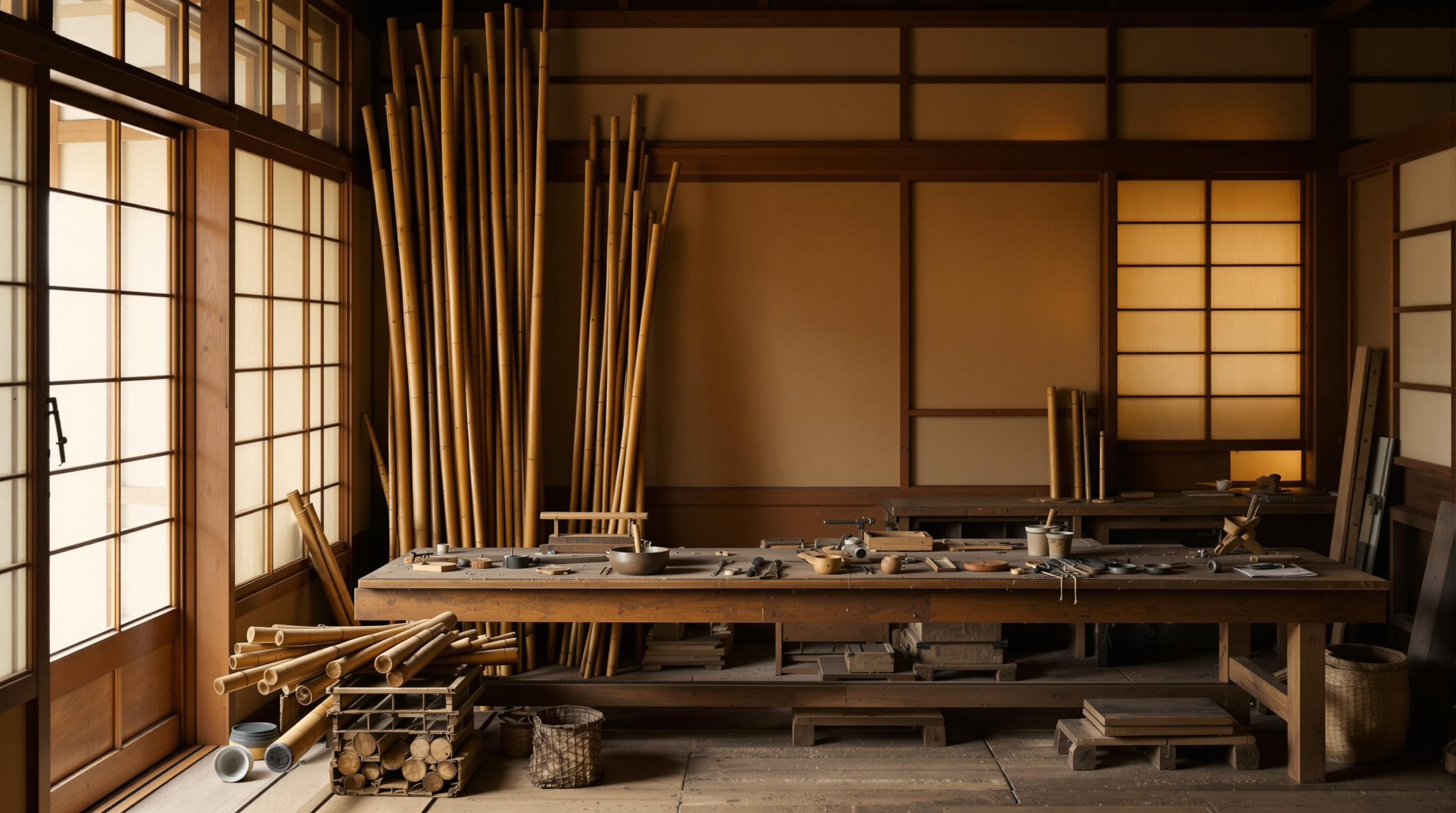 A traditional Japanese workshop with bamboo and hand tools