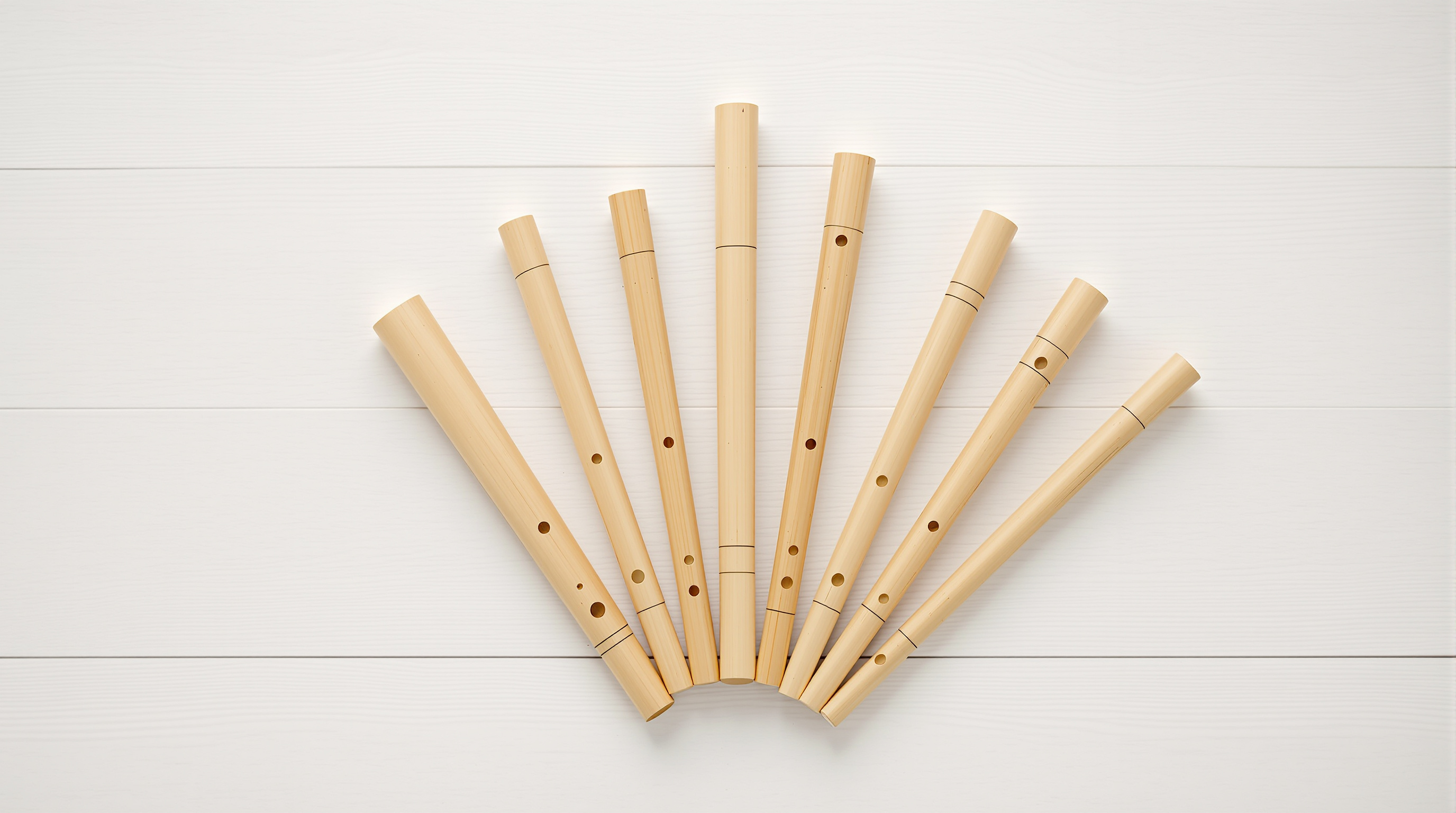 Shakuhachi flutes of increasing length laid out for size comparison