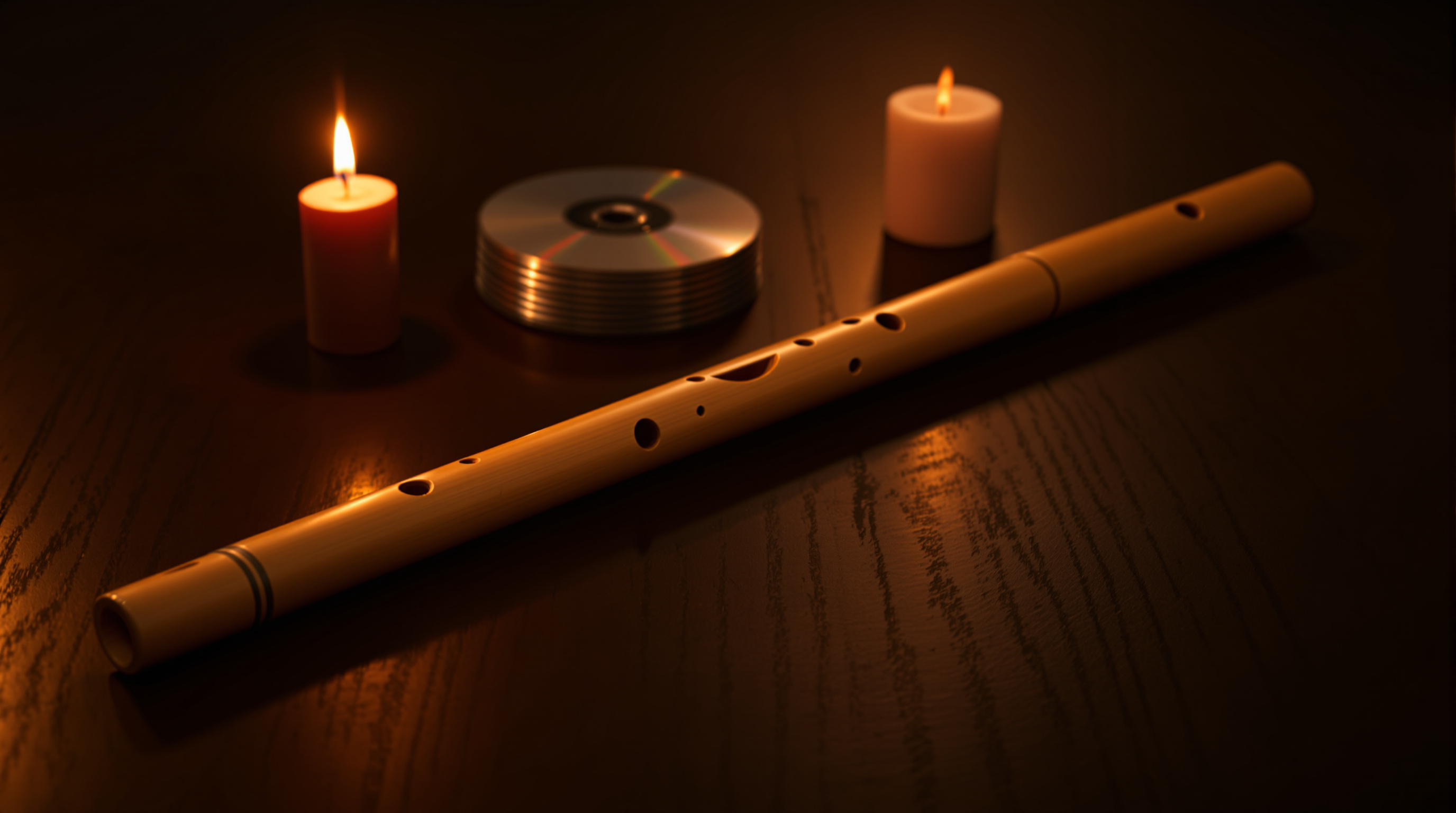 A bamboo flute beside CDs and a candle in warm low light