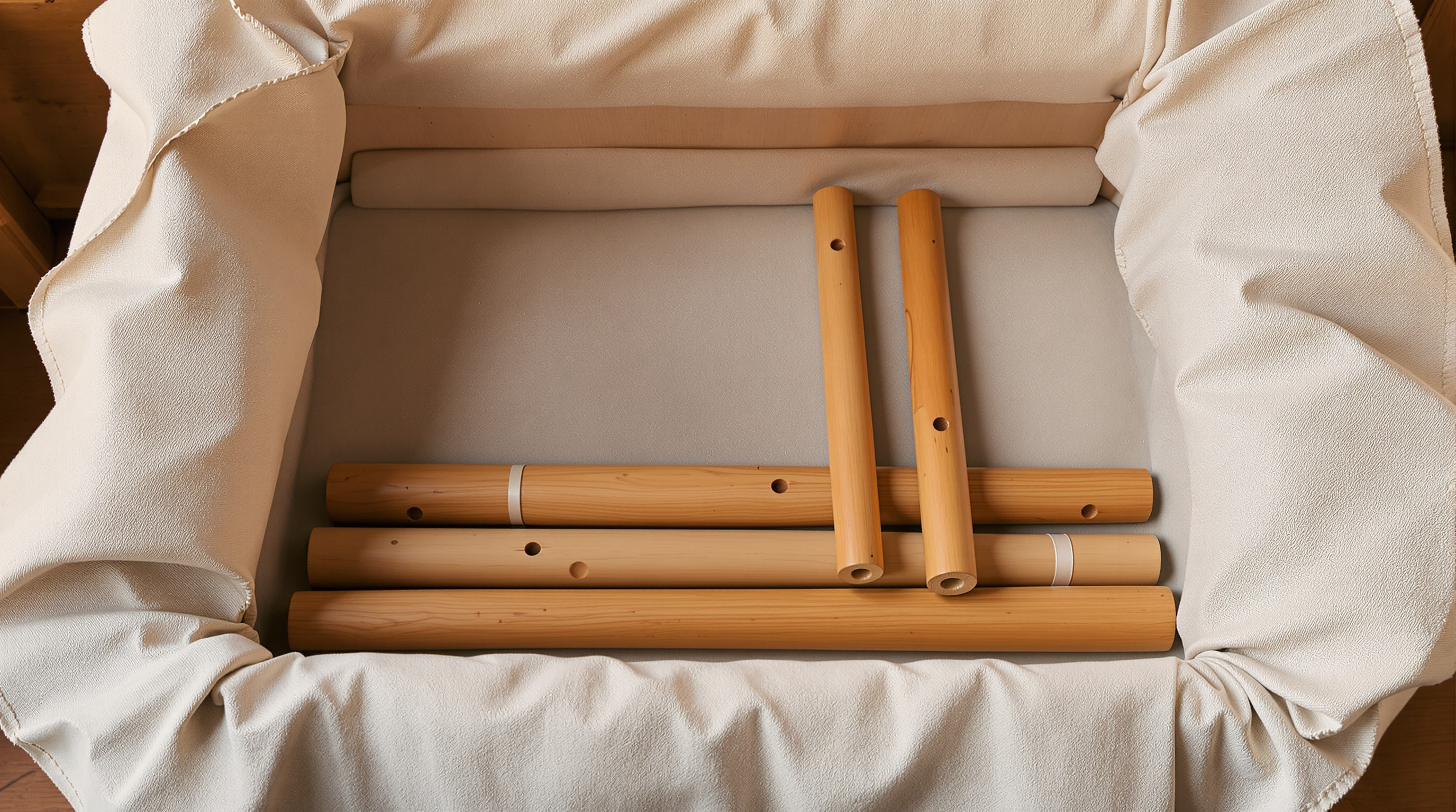 Newly arrived bamboo shakuhachi flutes in a cloth-lined crate