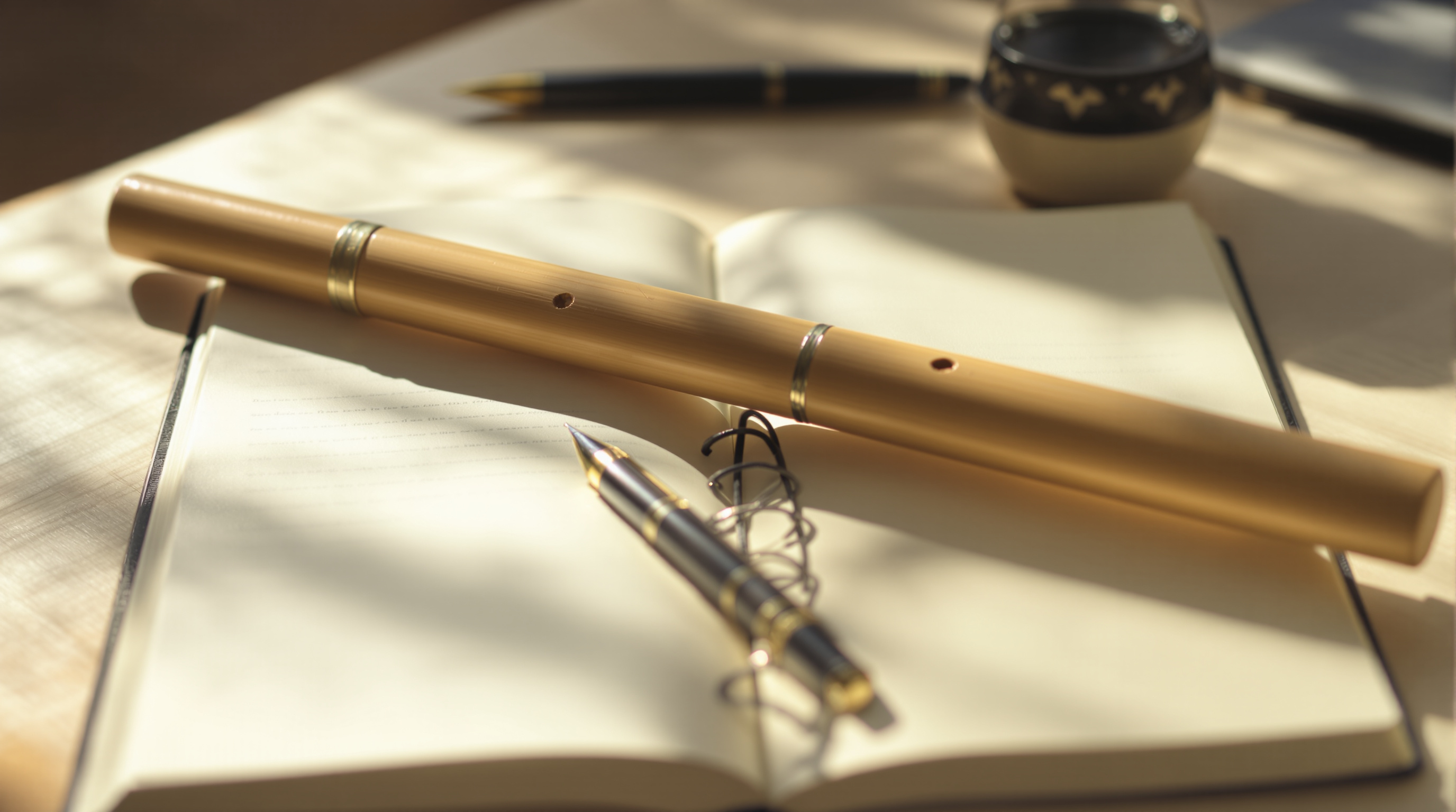 A bamboo flute resting across an open notebook in soft light